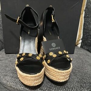 Versace Black and Gold Platform Shoes with Ankle Strap